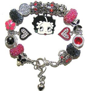 Betty Boop Bracelet With Red & Black European Beads And Charms, Crystals, NEW